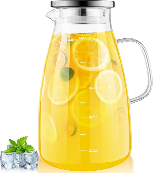 Aofmee Glass Pitcher with Lid and Handle, Glass Water Pitchers, 1 Gallon | Thickened Borosilicate Glass Iced Tea Pitcher, Drip-free Spout, Heat Resistant, Stovetop Dishwasher Safe Jug Jar