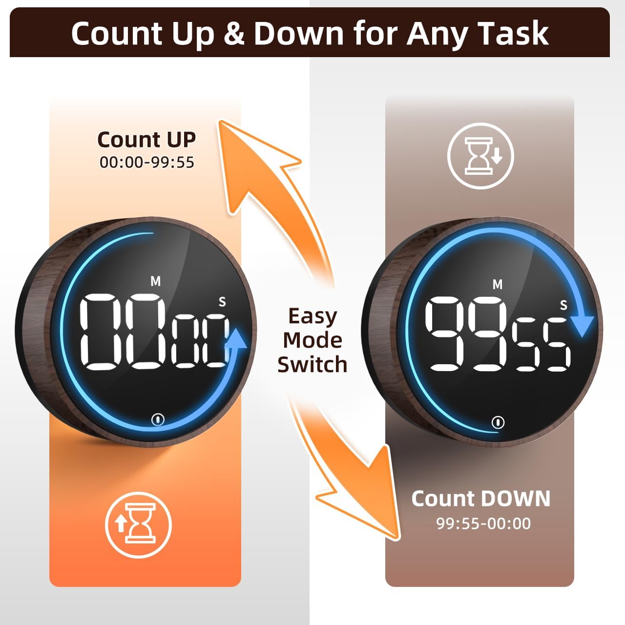 Digital Magnetic Kitchen Timer &amp; Stopwatch with LED Display, Woodgrain | Up to 99:55 Countdown &amp; Count Up , Easy Twist Control, Adjustable Volume &amp; Brightness, Magnetic Back, Battery Powered