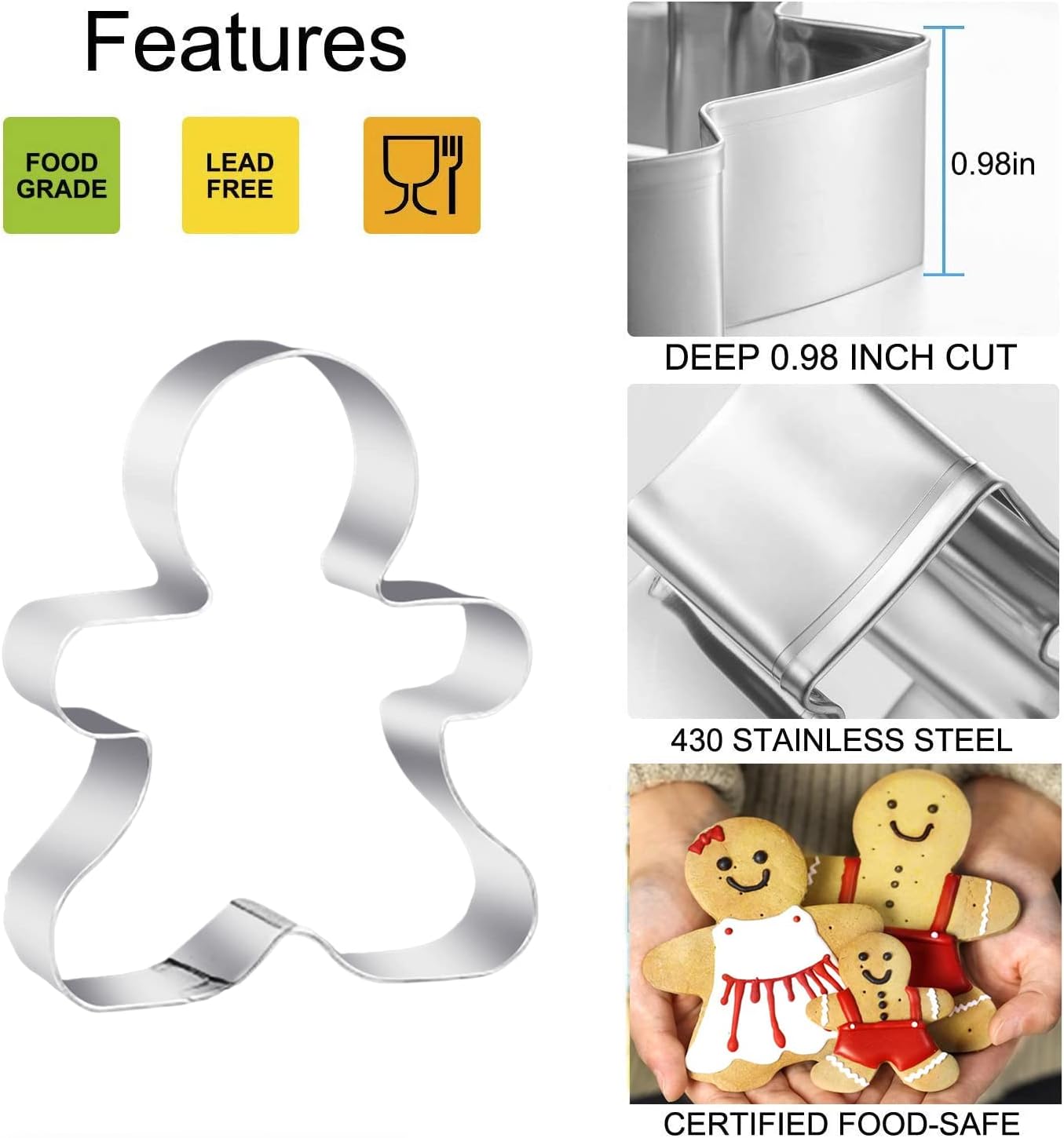 3PCS Gingerbread Man Cookie Cutters, 5.12" 4.34" 3.42" Large Christmas Cookie Molds -Stainless Steel Holiday Biscut Cutter Shapes for Baking Gift