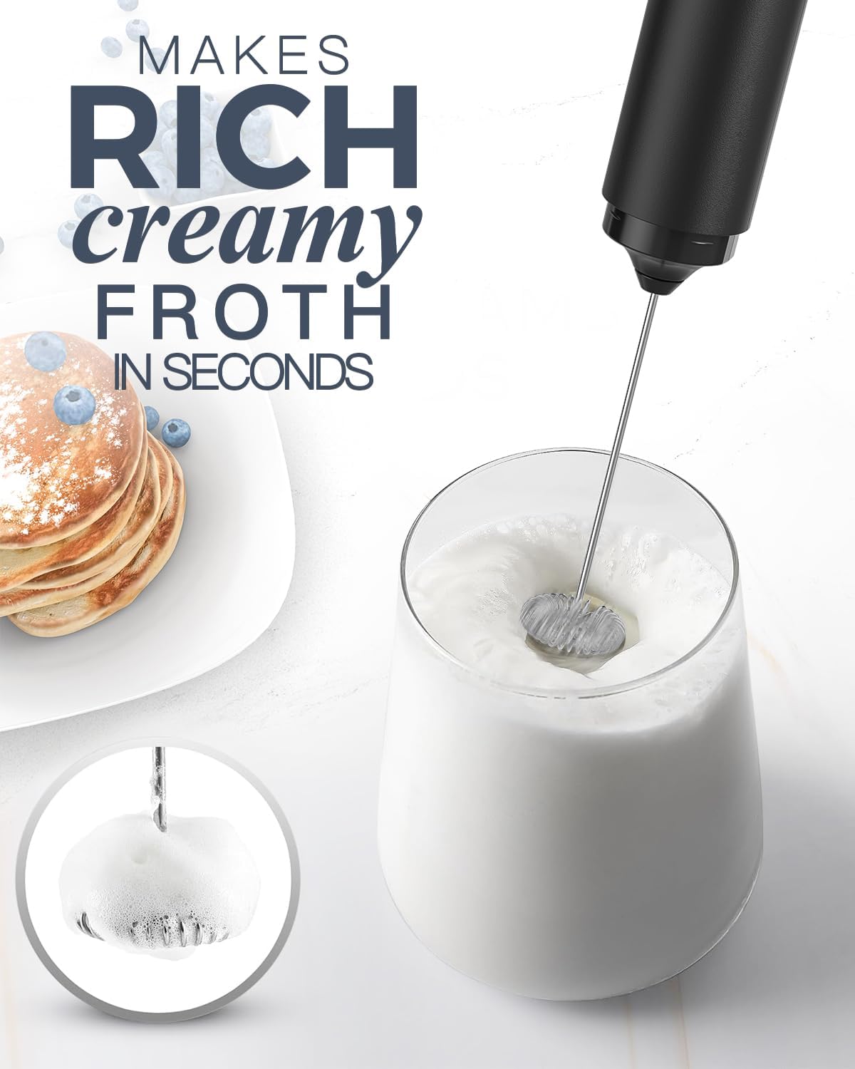Rechargeable Milk Frother USB, Handheld Electric Foam Maker with Whisk Drink Mixer & Foamer for Coffee, Latte, Matcha, Hot Chocolate