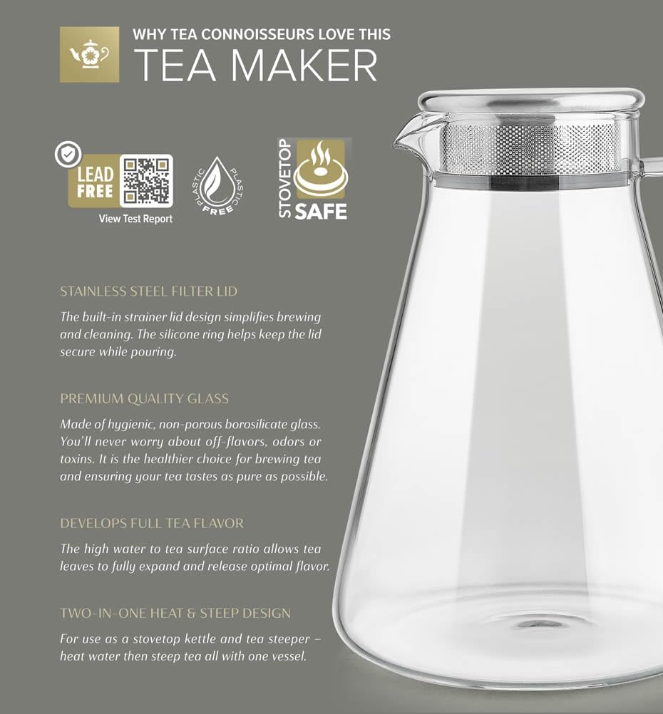 Teabloom One-Touch Tea Maker, 2-in-1 Teapot and Kettle with Stainless Steel Filter Lid for Loose Tea – Stain-free Borosilicate Glass Teapot (56 Oz) – Tea Connoisseur's Choice