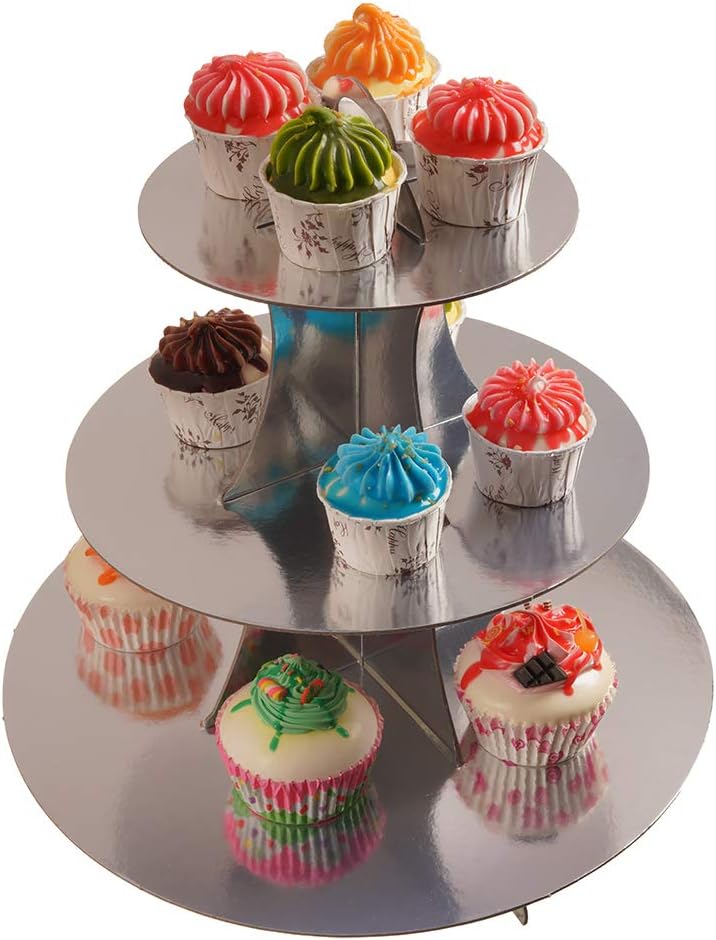 YLDW 3-Tier Cupcake Stand, Sliver Cardboard Cake Stand Holder, Tiered DIY Cupcake Stand Tower for Dessert Table Displays, Birthday Theme Party Favors Decoration, Floral Tea Party, 12" W x 12.8" H