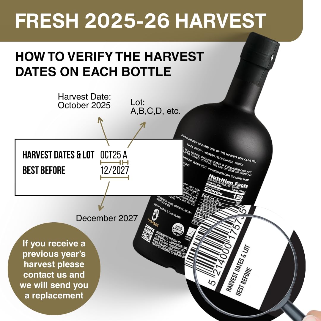 PJ KABOS 2025/26 Fresh Harvest, Very High Phenolic (699 mg/kg), USDA Organic Greek Extra Virgin Olive Oil, Kosher, Greece, Cold Extracted, 16.9oz Bottle, Family Reserve Organic - Robust, (6-Pack)