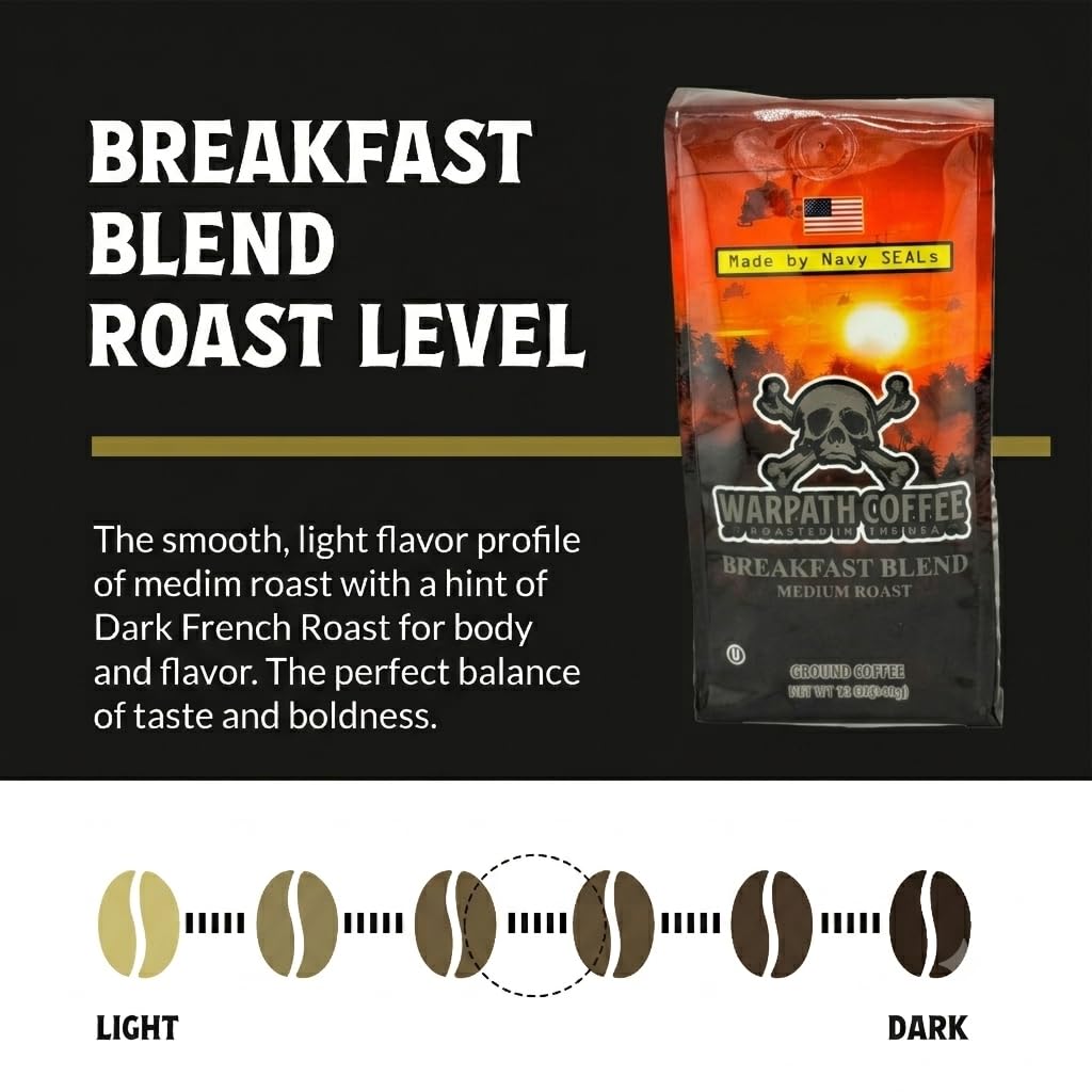 Warpath Coffee Breakfast Blend Medium Roast Whole Bean Coffee, 12 oz | 100% Arabica Whole Beans, High Caffeine, Extra Strong Roast, Rich Aroma, Full-Bodied Cup, Created By Navy Seals
