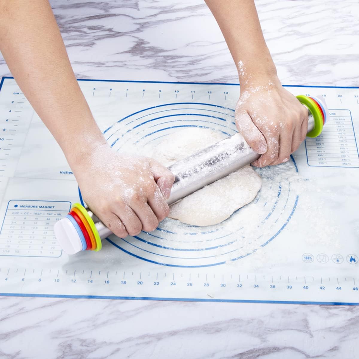 Stainless Steel Rolling Pin &amp; Baking Mat Set with Adjustable Thickness Ring | 17in Non-Stick Metal Dough Roller with Red Keading Mat. Home Baking Essential Tools for Fondant Pizza Pie Pastry Pasta Cookie