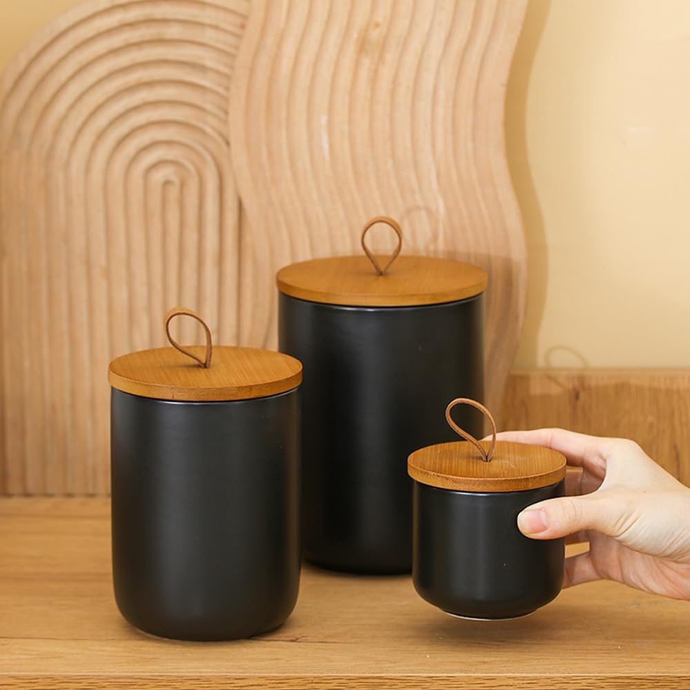 Ceramic Storage Jars, Modern Elegant Highly Polished Airtight Gorgeous Storage Canisters with Wooden Lid Small Food Stroage Jar for Kitchen Spice Tea Vanilla Sugar Coffee Beans (Black trumpet)