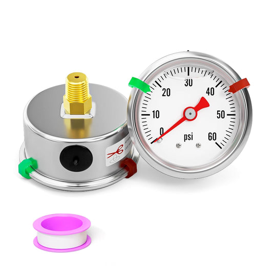 0-60psi Stainless Steel Glycerin Liquid Filled Pressure Gauge 1/8" NPT 1.5" Face Dial, Center Back Mount, for Water, Oil and