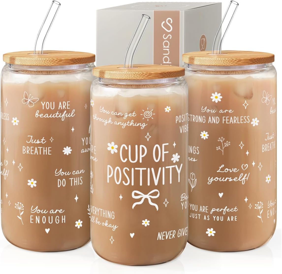 SANDJEST Inspiration Glass Can, Positive Motivational Cup with Lid &amp; Straw, Iced Coffee Aesthetic Cups, Gift for Christmas Birthday Mother Day, Gifts for Women, 16oz