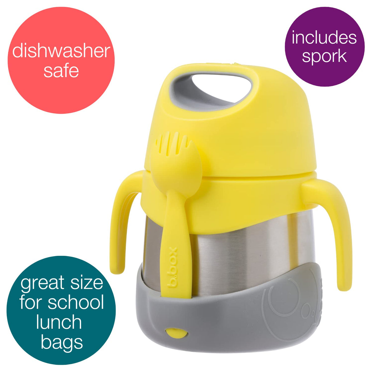b.box Insulated Food Jar with Spork, 11 oz Lunch Containers for Kids | Stainless Steel Lunch Box for Kids, Food Containers, Warm 5 Hours, Easy Open, Dishwasher Safe, BPA Free — Lemon Sherbet