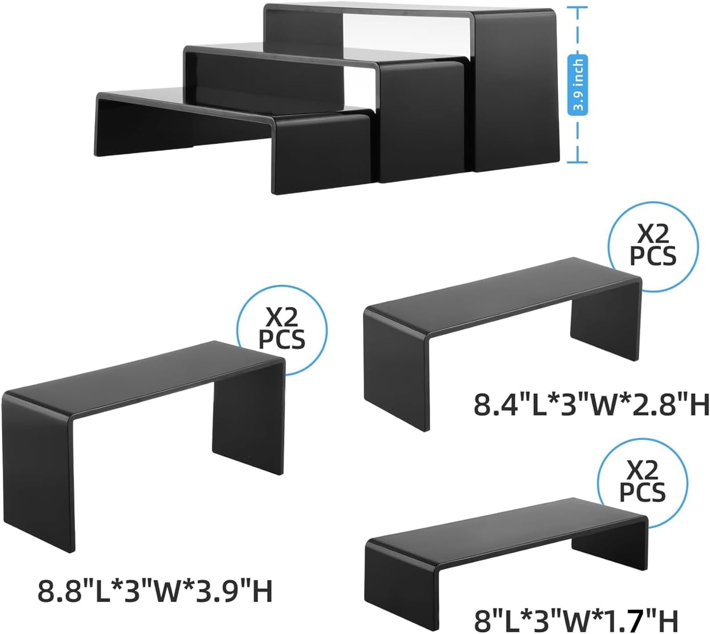Goabroa 8'' Display Shelves, Black Display Risers, Riser for Decor, 6 Pcs