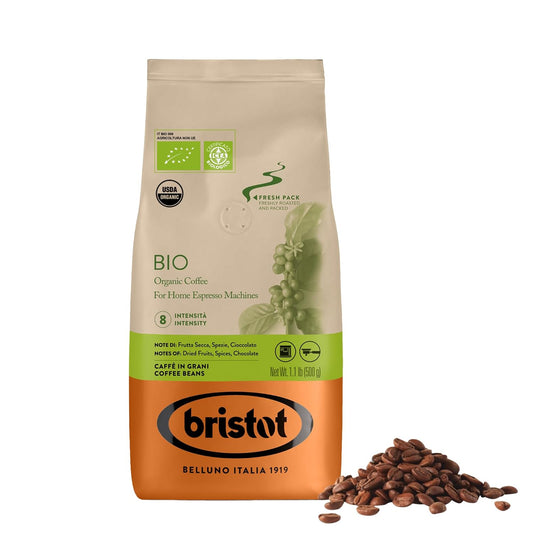 Bristot Bio Organic Italian Espresso Beans – Whole Bean Coffee, Medium Roast – Smooth &amp; Aromatic with Spices, Caramel &amp; Sandalwood Notes – 1.1 lb (500 g), Certified USDA Organic