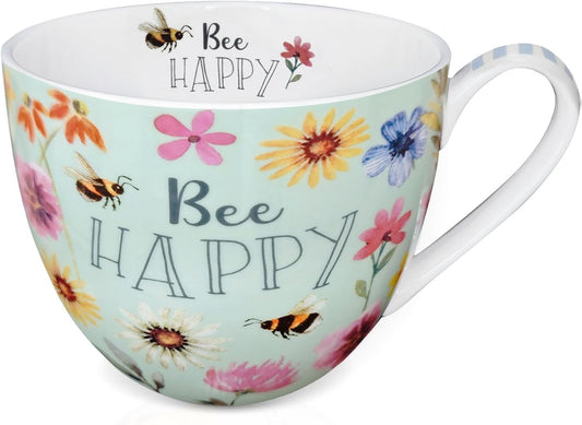 20 oz Bees & Flowers Coffee Hug Mug,“Be Happy” Designed to Spread Joy, Premium Bone China, Perfect Holiday and Birthday Gift