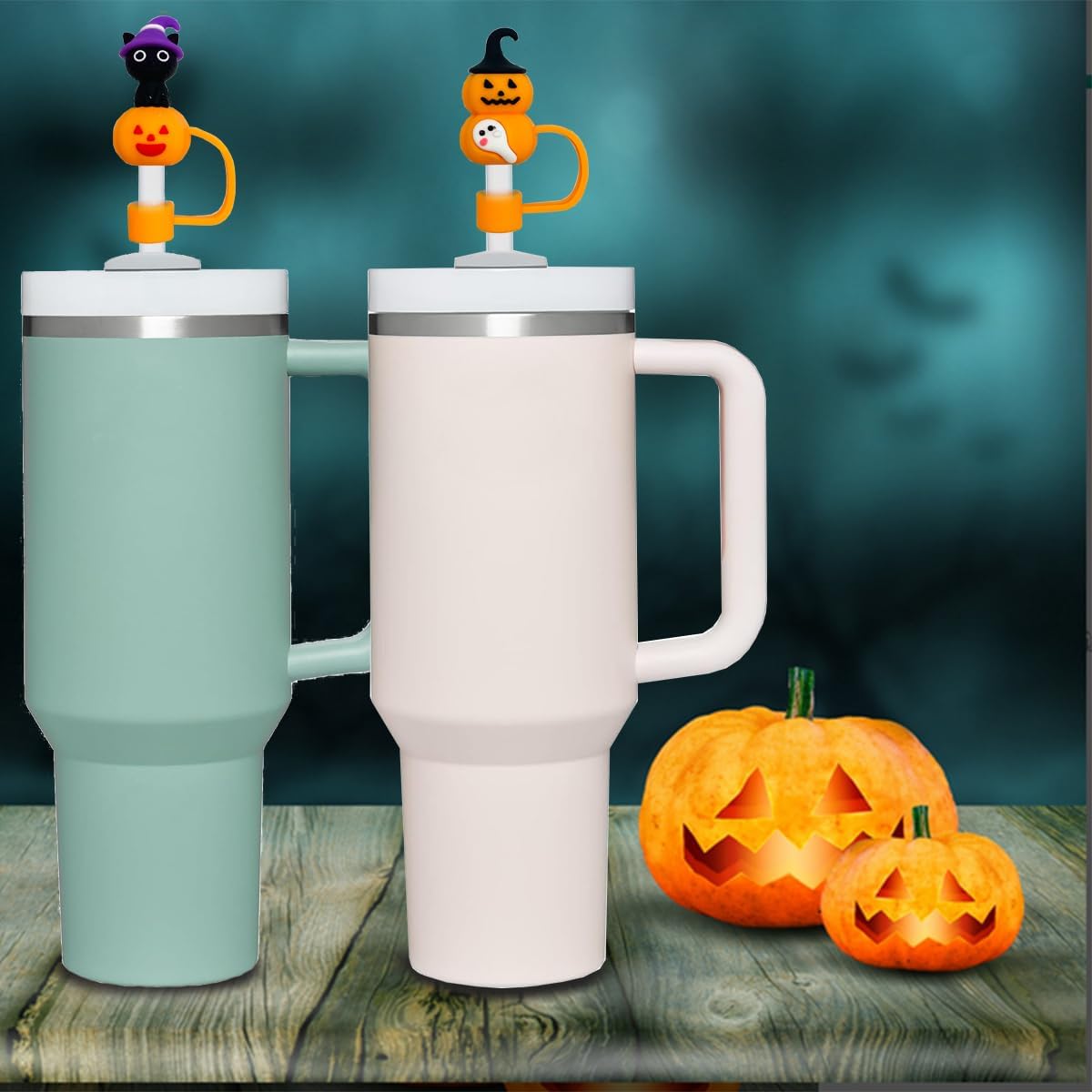 9PCS 3D Halloween Straw Toppers for Stanley Cup, Cute Silicone Skull Ghost Straw Covers Cap Compatible with 30&amp;40oz Tumbler with Handle,10mm 0.4in Dust-Proof Reusable Tips Lids for Halloween Gifts
