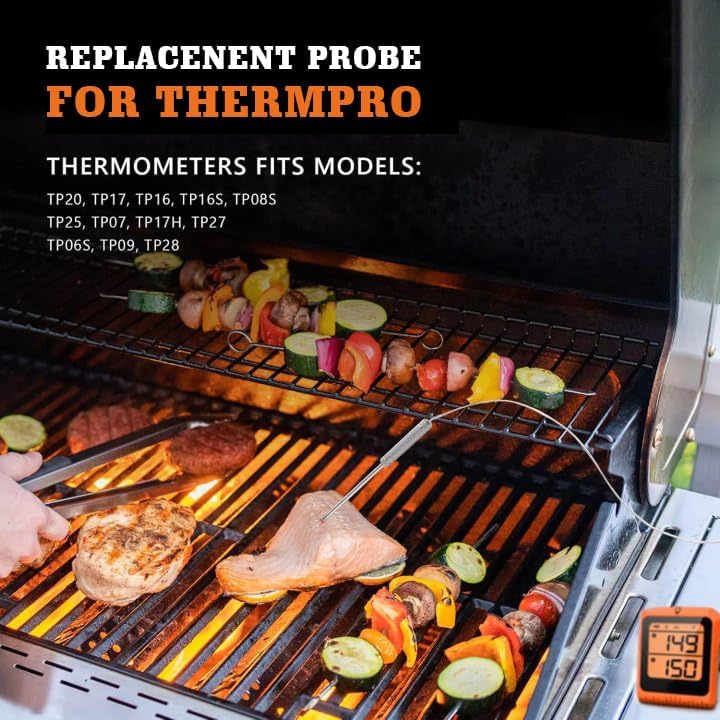 Meat Probe Replacement for Thermopro Thermometer TP04 TP06 etc, 2.5mm Plug | With 2 Clips, Steel Mesh Cable, Non-Slip Grip, Temp Range 32°F-572°F, 304 Stainless Steel, Plug &amp; Play, Waterproof Probe Tip