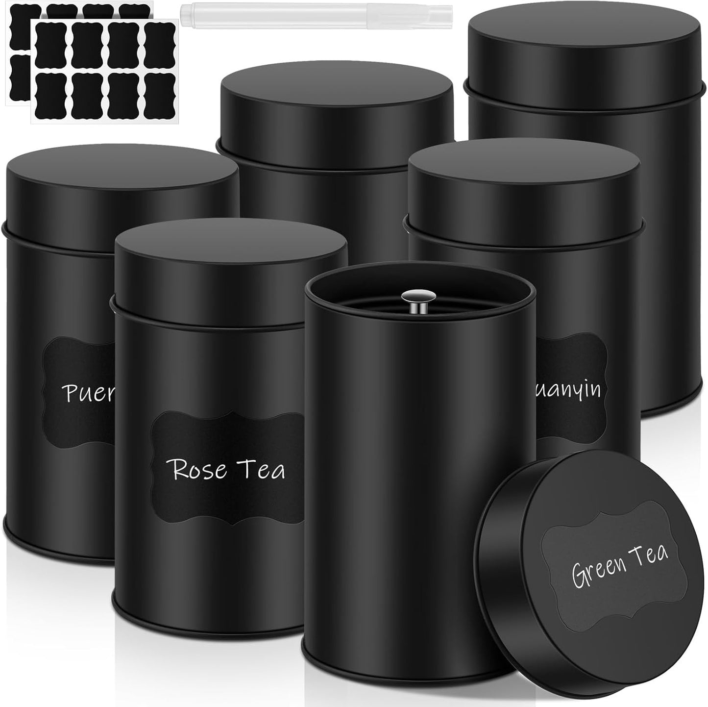 Tanlade 6 Pcs Tea Tin Canister Metal Round Can with Airtight Lid Double Sealed Tea Tin Canisters, wi