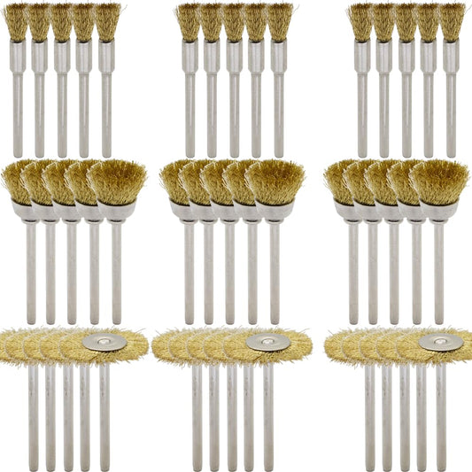 45-Piece Brass Wire Brush Set - Metal Rust Removal, Polishing, Cleaning - 1/8″ (3mm) Shaft - Removes Burrs, Dust, and Oxide
