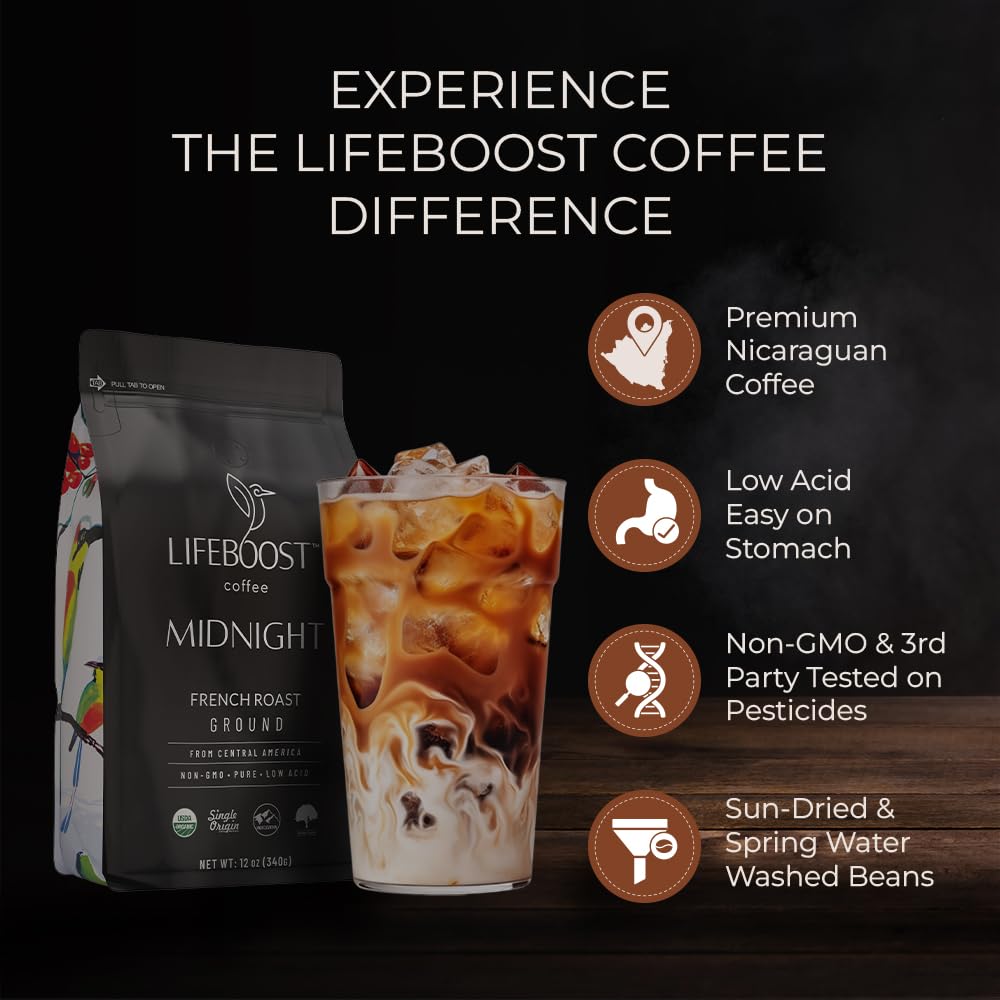 Lifeboost Midnight French Roast Coffee Ground - Non-GMO Single Origin USDA Organic Low Acid Coffee French Roast - Third Party Tested For Mycotoxins &amp; Pesticides - 12 Ounces