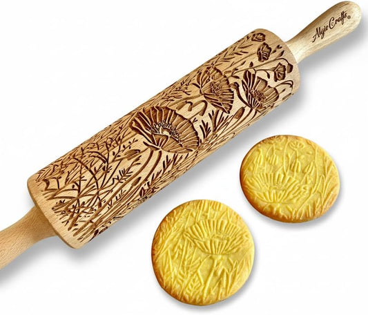 WILD POPPY Embossing Rolling Pin with Flowers Pattern. Dough and Clay Roller for Embossed Cookies and Pottery. Cookie and Ceramic Stamp. Backing Gifts for Women by Algis Crafts