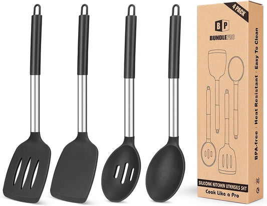 Pack of 4 Silicone Cooking Utensils Set, Non Stick Large Solid Spatulas, Heat Resistant Black Slotted Spoons, Ideal BPA Free