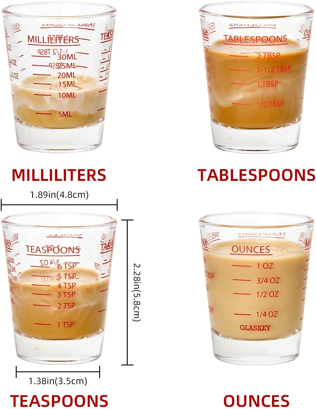 GLASKEY Shot Glasses Measuring Cup Set - 2 Pack Espresso Shot Glasses with Precise Measurement Marks,Heavy Duty Glass,Dishwasher Safe,Perfect for Coffee,Cocktails and Kitchen Use (Black &amp; Red)