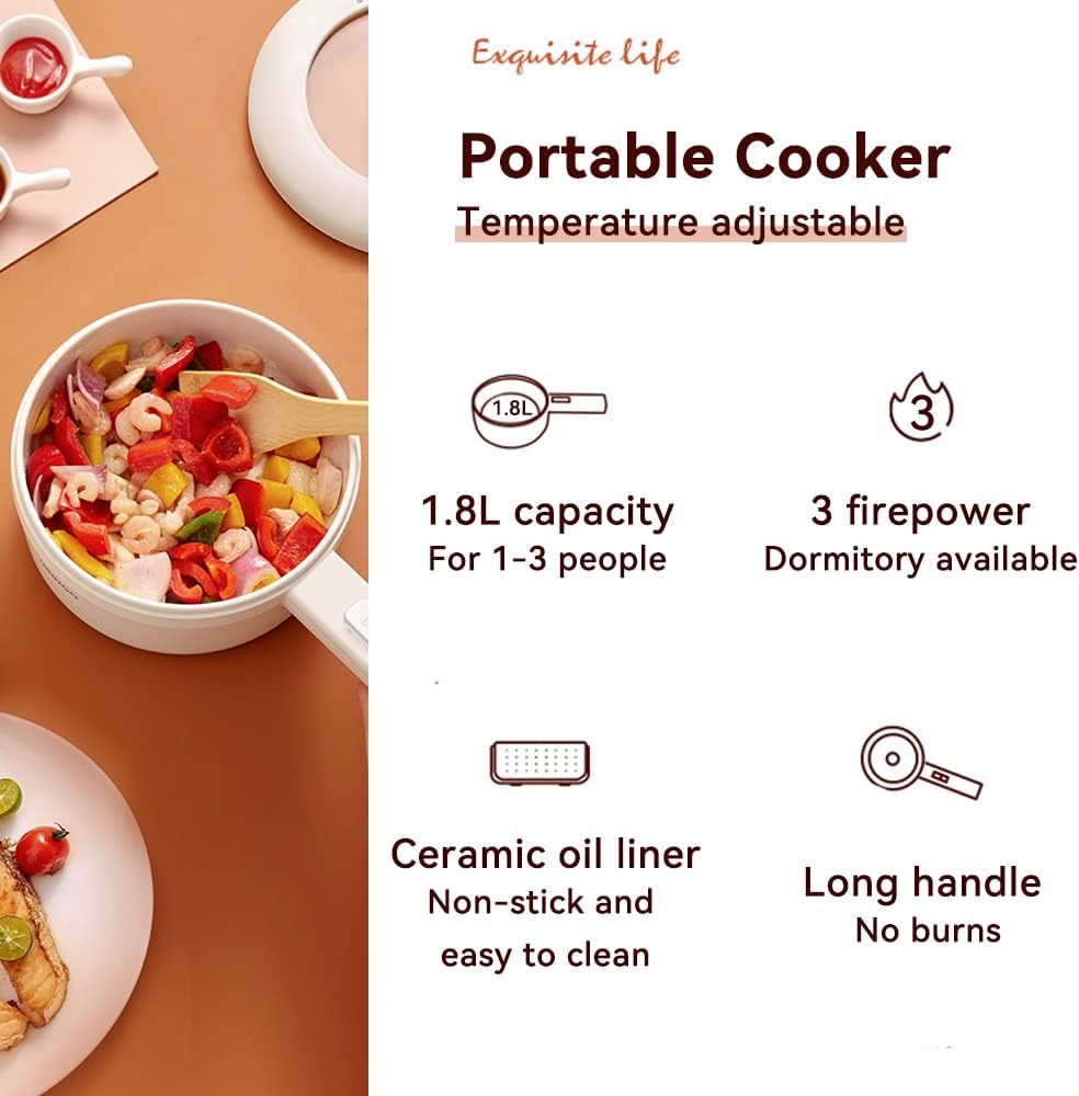 Drizzle Electric Hot Pot Cooker 1.7L Mini Skillet NonStick Coating Stir Fry Food Maker 110V Portable Cookerware Dorm Cooking With Steamer for Personal Ramen Boiling Steak Egg Oatmeal Soup Shabu