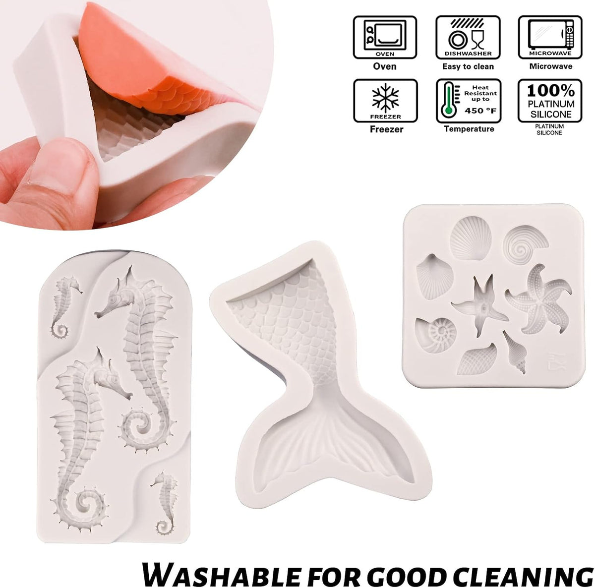SAKOLLA Mermaid Theme Cake Fondant Mold - Seahorse Seashell Starfish Mermaid Tail Silicone Mold for Cake Decoration