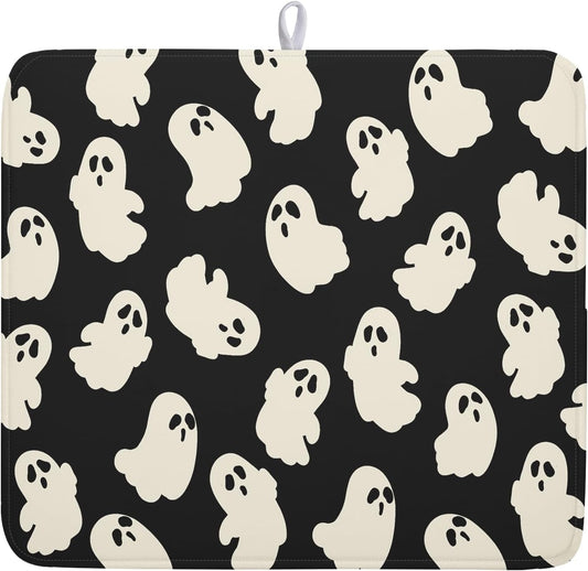 Halloween Ghost Dish Drying Mat 16X18 Inch Spooky Halloween Drying Mat for Kitchen Counter Black White Absorbent Microfiber