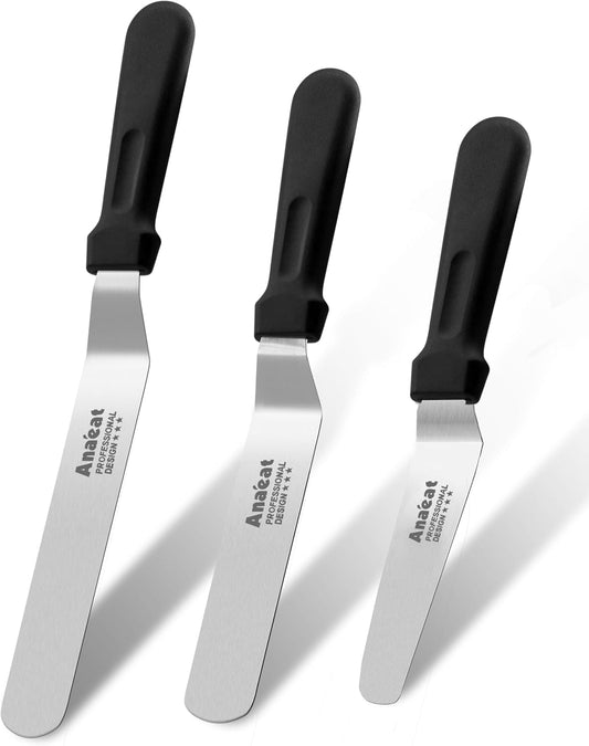 Anaeat Icing Spatulas, Set of 3 Professional Cake Angled Offset Spatula with 4", 6", 8" Stainless Steel Blades - Thickened