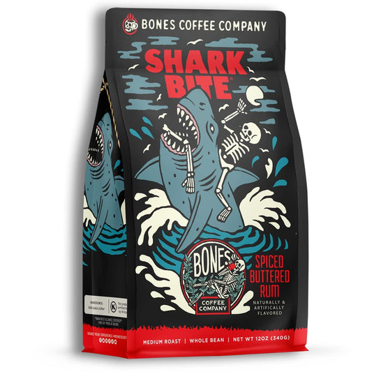Bones Coffee Company Shark Bite, Buttered Rum Flavored Coffee, Medium Roast Low Acid Arabica Beans Compatible with Auto drip