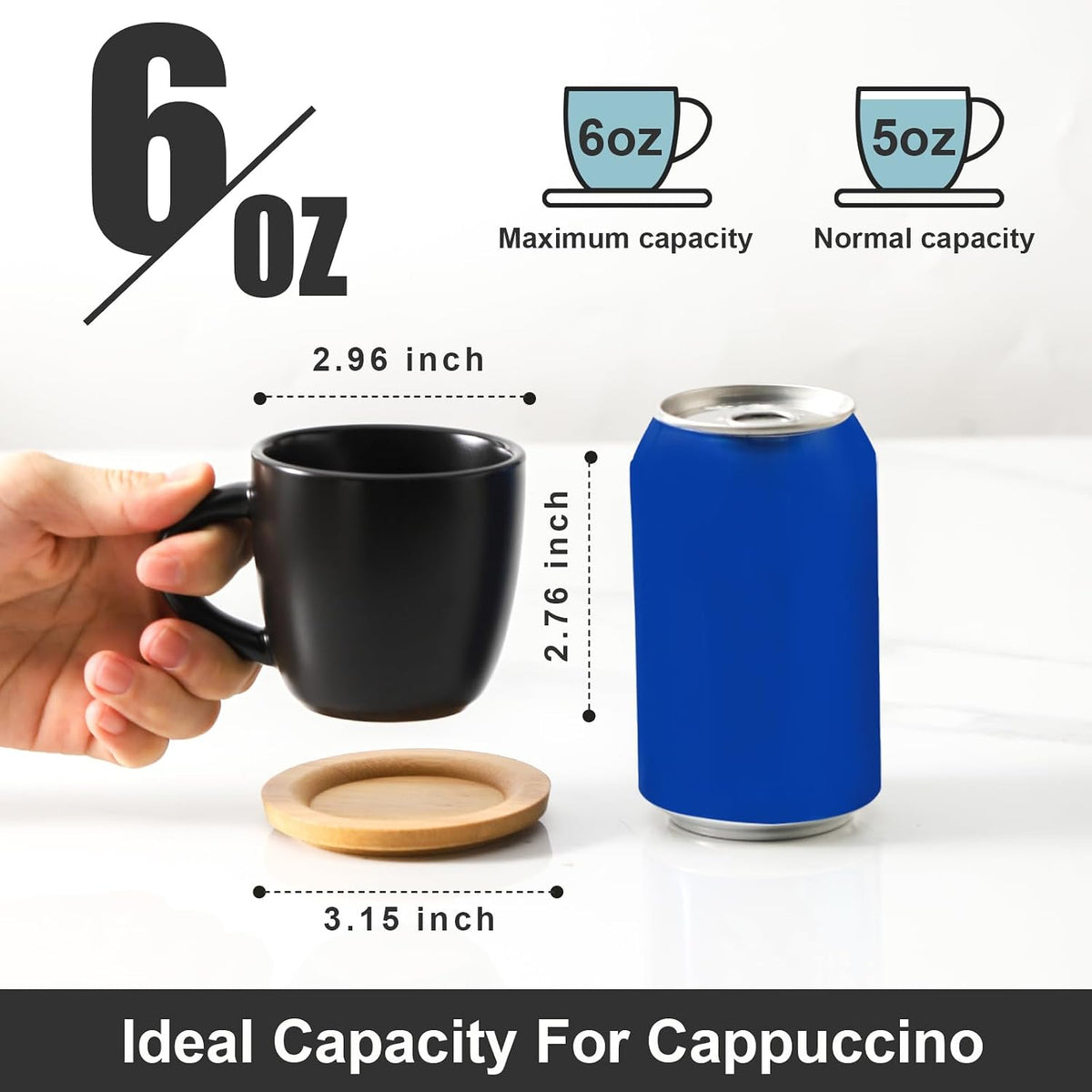 HASENSE 6 oz Cappuccino Cups with Saucers, 6 Pcs Ceramic Espresso Cups with Handle for Double Shot, Latte, Cafe Mocha, Stackable Coffee Cups Demitasse Cups with Handle for Cafes, Home, Office, Black