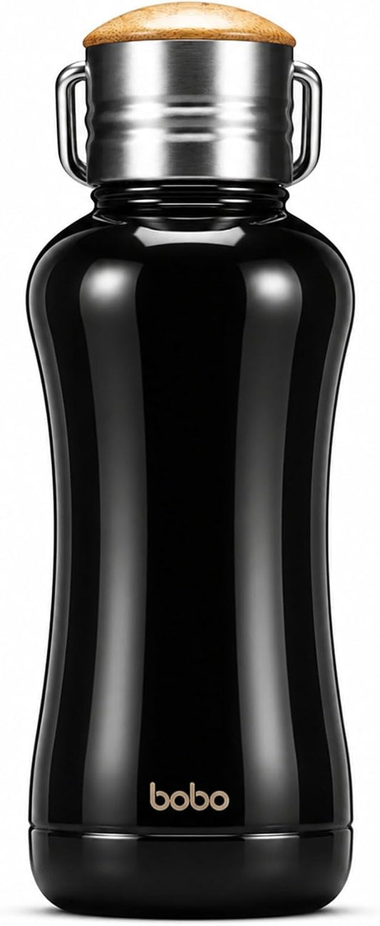 YOHKOH Mini Insulated Water Bottle With Bamboo Lid - 11.8oz Small Vacuum Insulated Water Bottle for Women Kids, 12 Hrs Hot &amp; 24 Hrs Cold Stainless Steel Thermos Leak-Proof BPA-Free (11.8oz,Black)