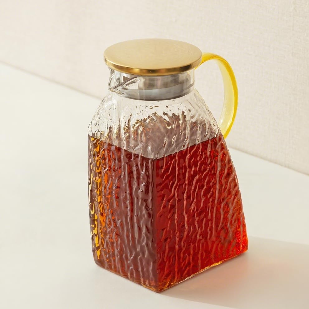 Baffect Water Pitcher Glass Jug With Lid and Spout(Glacier-Textured) | 63oz High Borosilicate Glass Pitcher With Gold Handle, Fridge Door Carafe For Hot Cold Drink, Mlik, Juice, Ice Tea, Lemonade