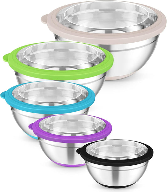 TeamFar Mixing Bowls, Salad Bowls with Transparent Airtight Lids, Colorful | 5PCS Stainless Steel Serving Bowls For Kitchen Mixing/Baking/Storing/Prepping, Non-Slip Bottom - 4.6/3.5/1.5/1 / 0.7 QT