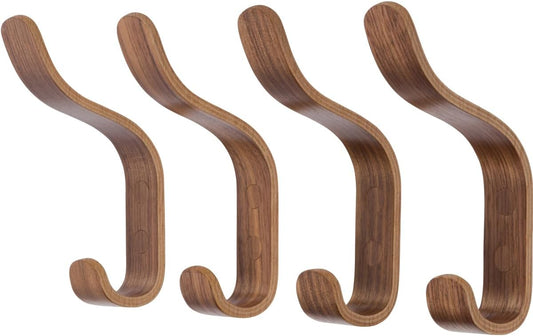 Plywood Wall Hooks Set of 4 Wood Coat Hooks Hanging Clothes Hats Robes Towels Wooden (Walnut)