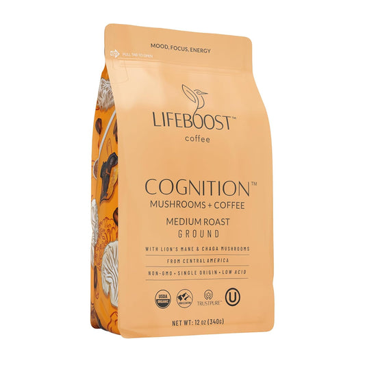 Lifeboost Cognition Adaptogenic Mushroom Coffee - Great Tasting Organic Lions Mane & Chaga Medium Roast Nootropic Coffee -