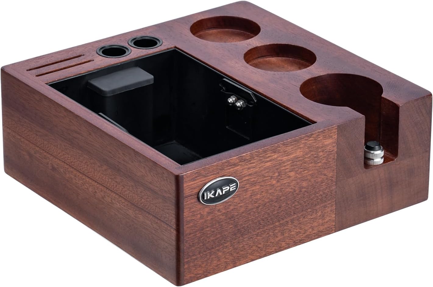 IKAPE V2 Espresso Knock Box, Espresso Coffee Organizer Box Fit for Storage 51mm 53/54mm 58mm Espresso Tamper, Distributor, Portafilter &amp; Puck Screen Accessories, Natural Walnut Station Base (8 IN One)
