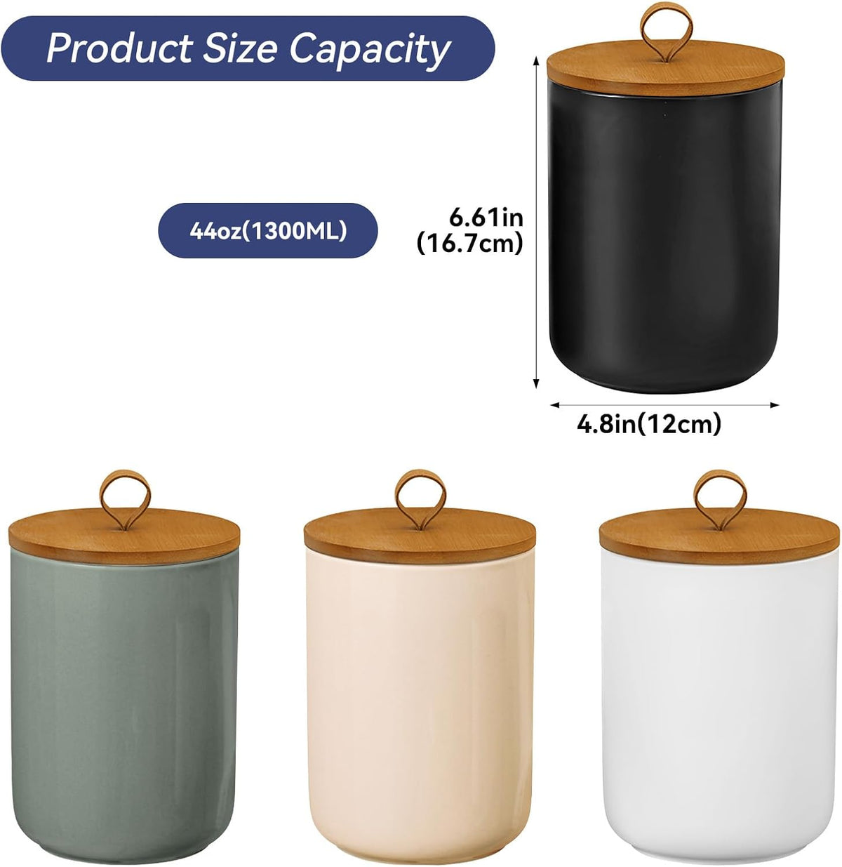 Large Ceramic Storage Jars, Modern Elegant Highly Polished Airtight Gorgeous Storage Canisters with Wooden Lid Food Storage Jar for Kitchen Spice Tea Vanilla Sugar Coffee Beans (Black)