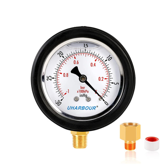 Vacuum Gauge 2-1/2" Dial Liquid Filled -30 inhg/0, Rubber Protective Case, 1/4" Brass Lower Mount, Including 1/4" to 1/8"