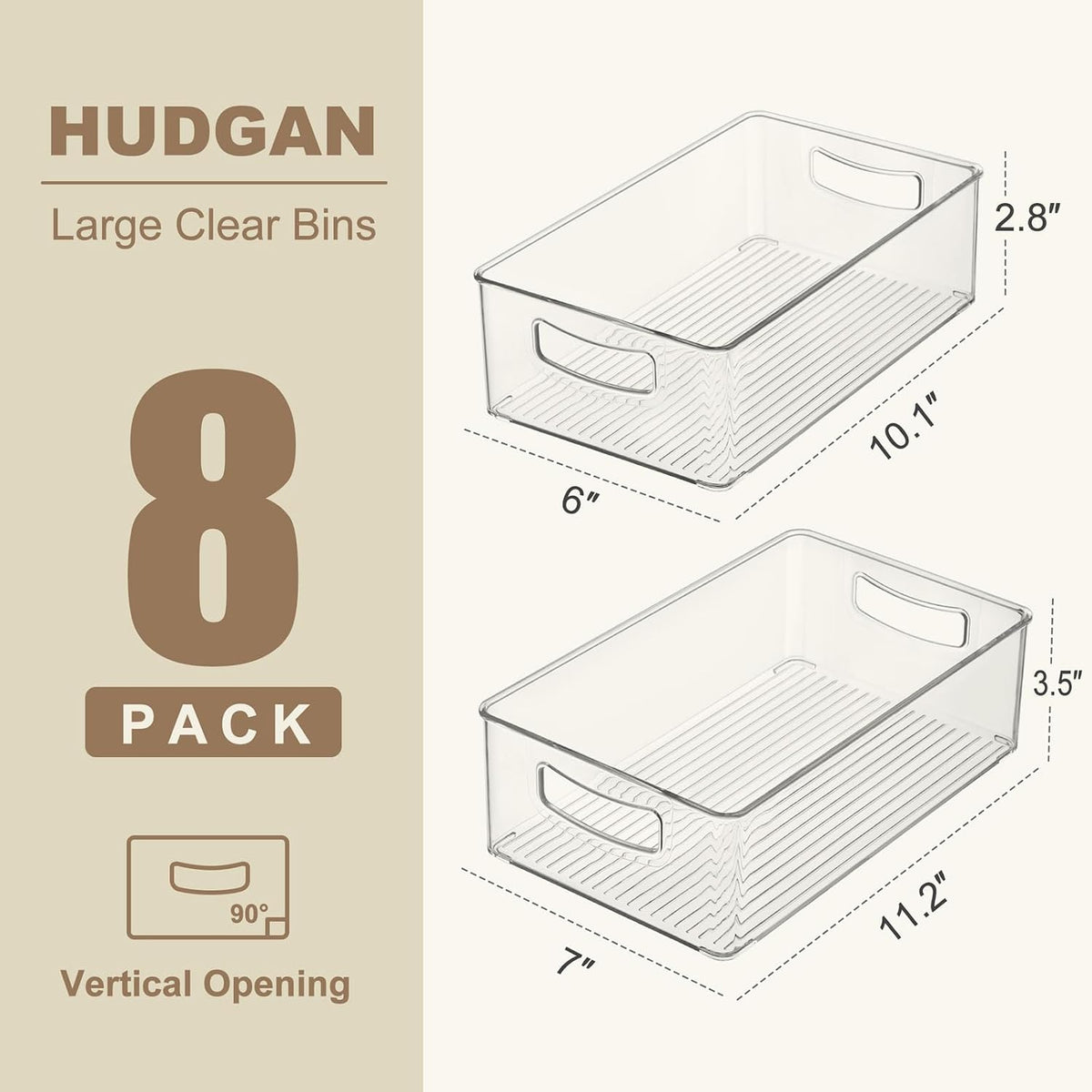 Hudgan Set Of 8 Fridge Organizer Bins, Stackable Plastic Organizer Bins for Fridge Pantry, 4 Large and 4 Small Refrigerator Organizers and Storage - Food Safe, BPA Free