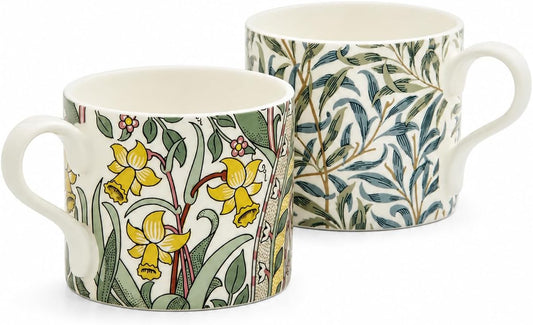Spode Morris &amp; Co 12oz Mugs, Set of 2 (Daffodil &amp; Willow Bough) - Microwave &amp; Dishwasher Safe, Elegant Porcelain Drinkware for Coffee Bar or Giftable Home Kitchen Mug Set. Ideal for Coffee &amp; Tea