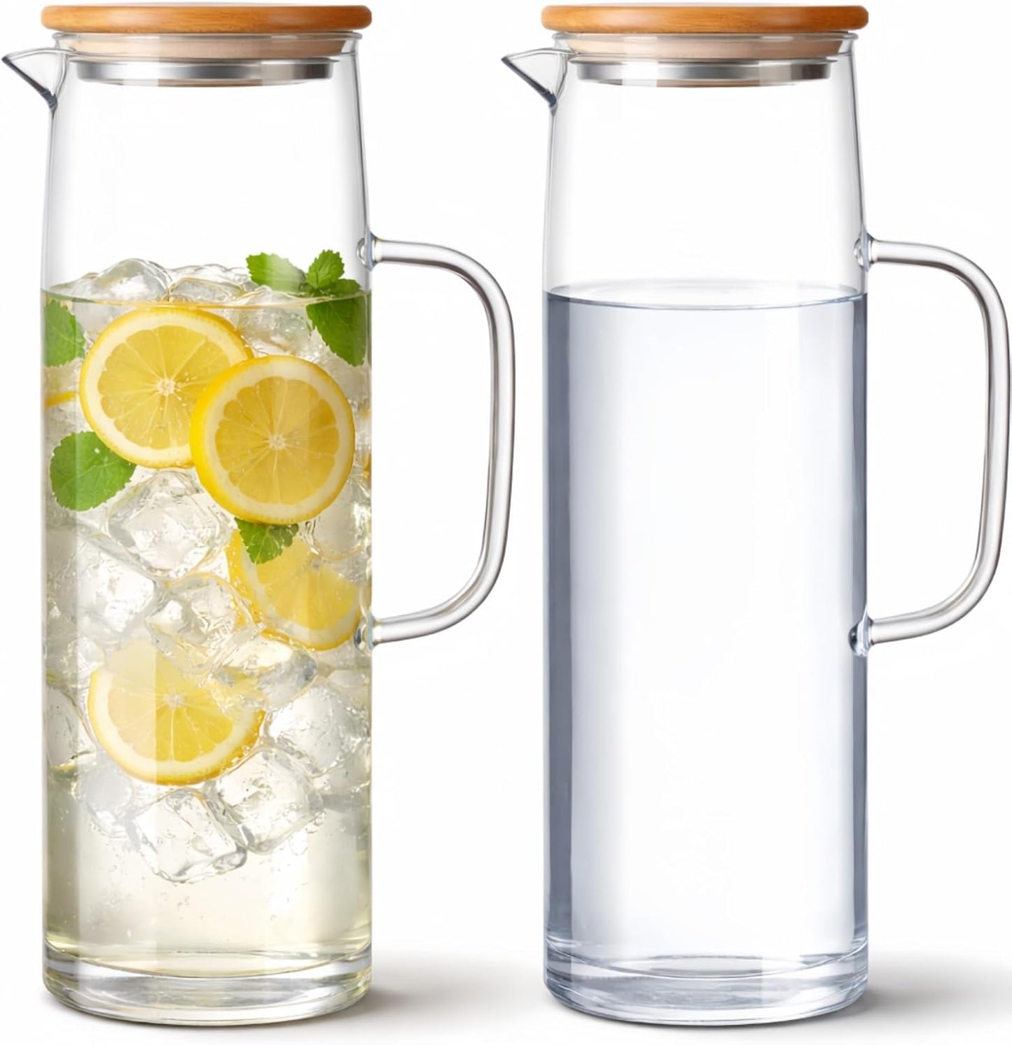 Hsei 2 Sets Glass Pitcher with Lid Water Carafe, Bamboo Lid, 1.5L
