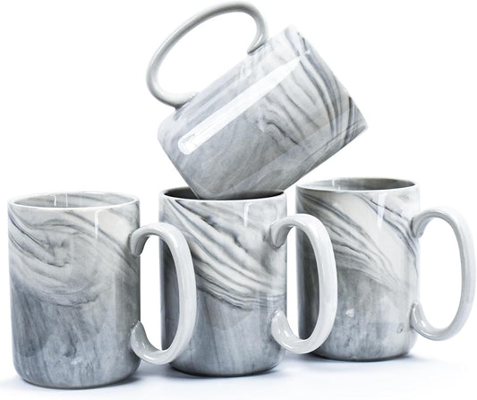 Coffee Mugs Set of 4,16 OZ Large Marble Ceramic Tea Cups with Big Handle,Bulk Grey Marble Mugs Set for Latte,