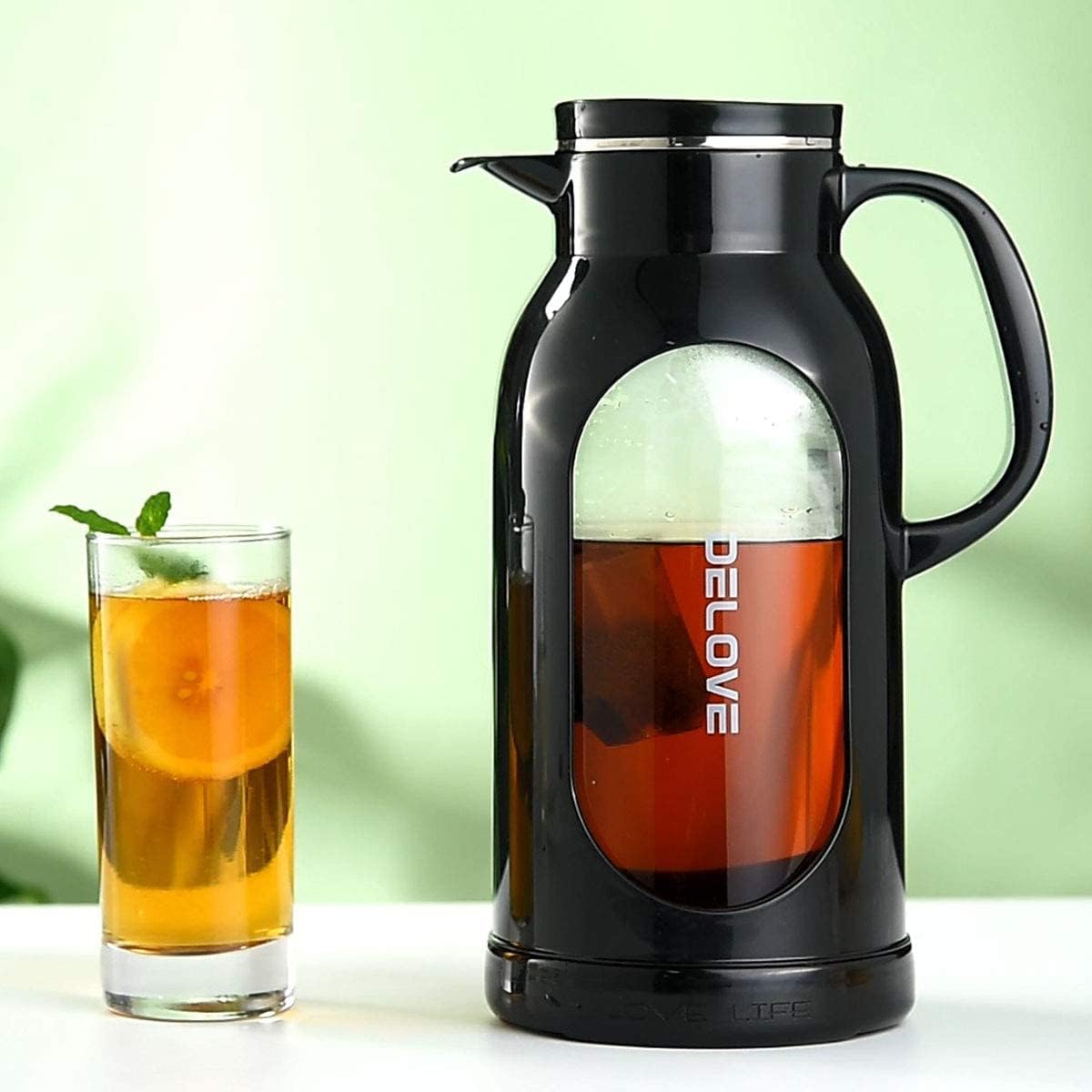 Delove 68 oz/2 Liter Glass Pitcher with Shatterproof Shell - Heat Resistant Glass Liner - Stainless Steel Lid - Carafe &amp; Jug for Iced Tea,Hot/Cold Water,Homemade Juice Beverages (Black)