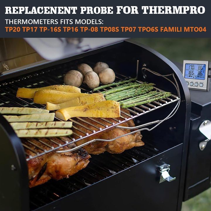 Meat Probe Thermometer Replacement for Thermopro TP10 TP25 etc, 2.5mm Plug | With 2 Clips, Steel Mesh Cable, Non-Slip Grip, Temp Range 32°F-572°F, 304 Stainless Steel, Plug &amp; Play, Waterproof Probe Tip