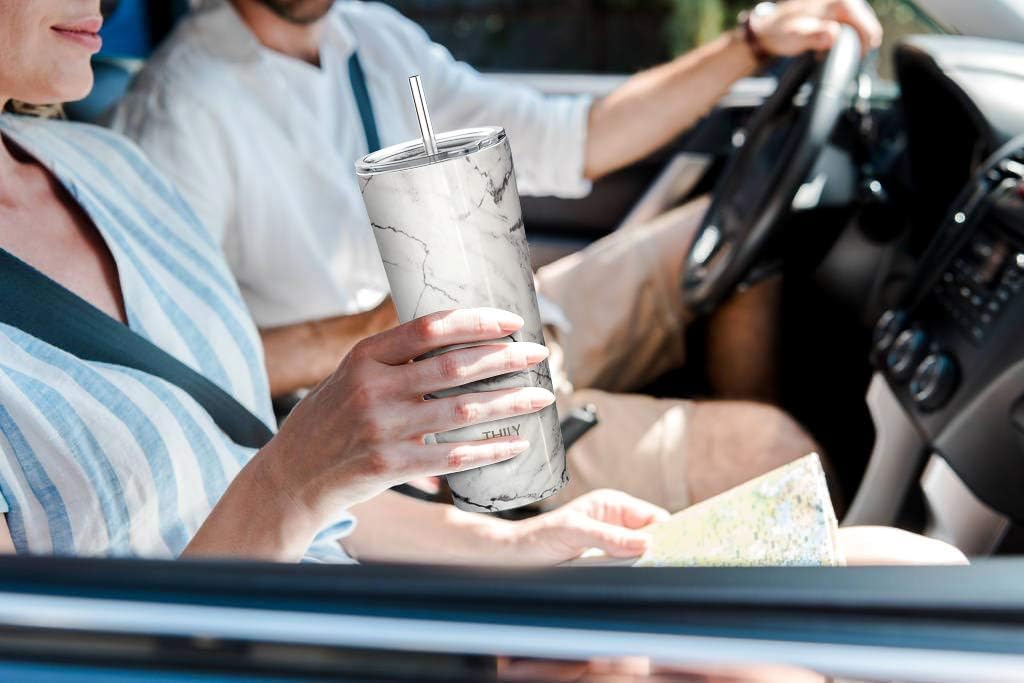 THILY Stainless Steel Vacuum Insulated Tumbler Travel Mug 26 oz Coffee Cup with 2 Lids and Straws, Splash Proof, Keep Ice Drinks Cold, White Marble