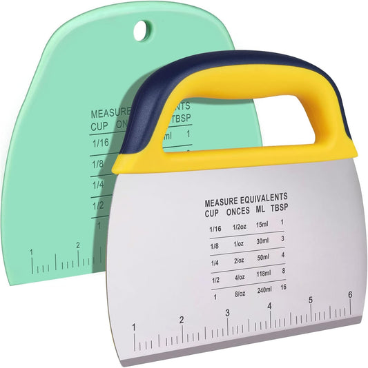 YGDZ Dough Scraper 2 PCS, Stainless Steel Bench Scraper With Grip, Plastic Dough Cutter with Measuring Scale, Multipurpose