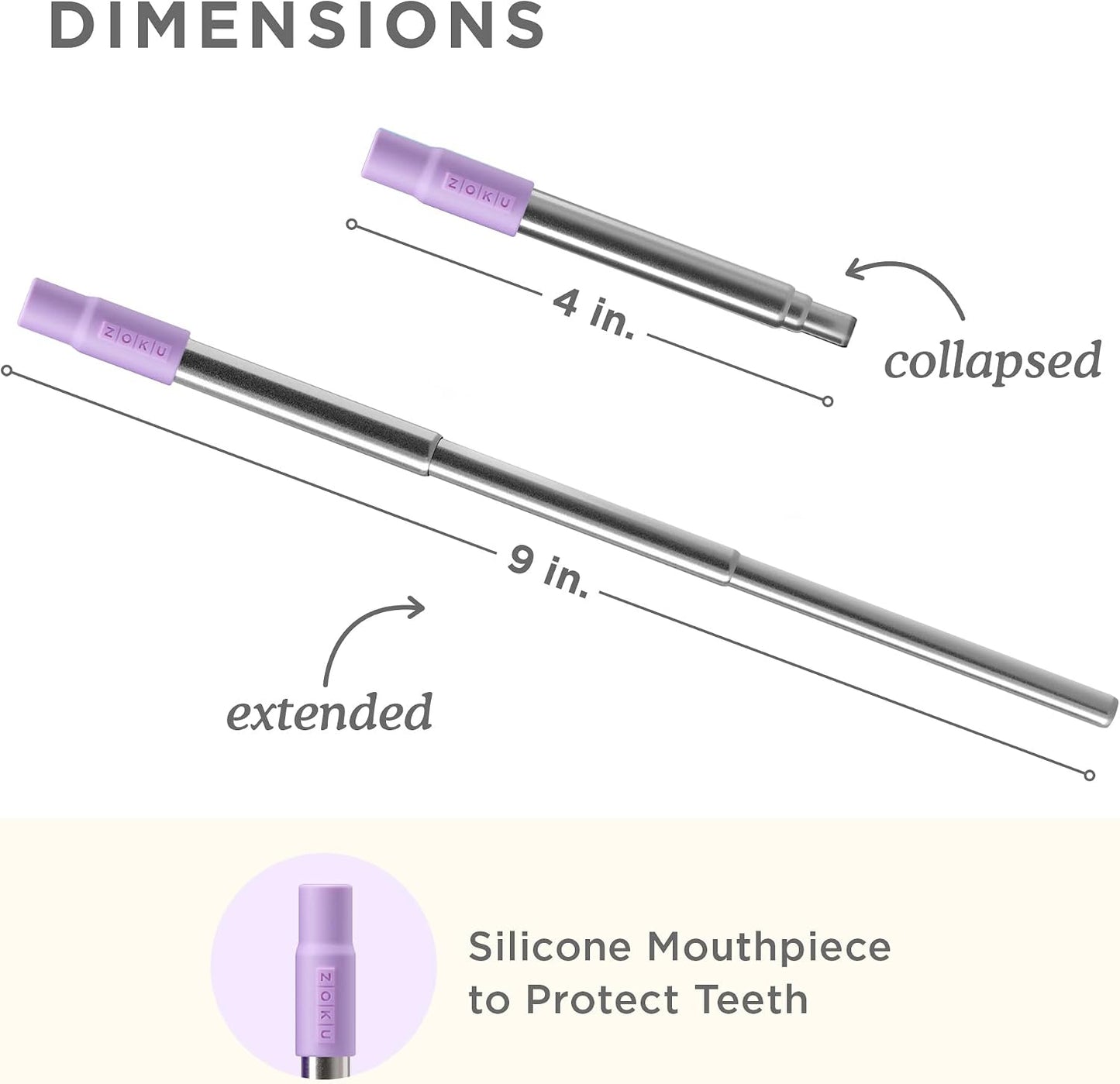 ZOKU Reusable Metal Straw with Case for Travel, Purple - Collapsible Stainless Steel Drinking Straw with Silicone Tip and Cleaner Brush, Ideal for Key Chains, Pockets, Purses | Collapsible Stainless Steel Drinking Straw with Silicone Tip and Cleaner Brush