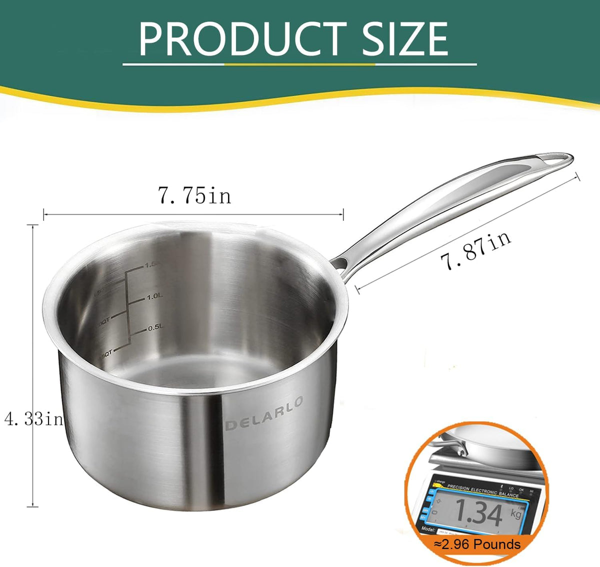 DELALRO Tri-Ply Stainless Steel 2.5 QT Saucepan with Lid, Heavy Duty Induction Pot, Fast Even Heat, Fuel Saving, Induction Cookware, Kitchen and Dining Steel Saucepan