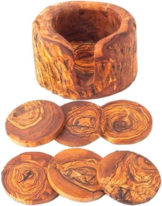 Kamsah Olive Wood Coasters Set of 6 & Holder - Handmade, Natural, Durable Wooden Coasters for Drinks - Round, Rustic,
