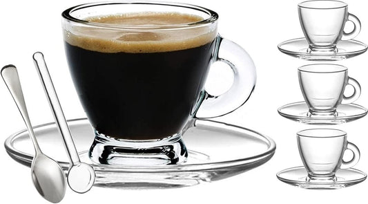 BOHEM'S Espresso Cups, 3.2 oz Small Demitasse Clear Glass Espresso Drinkware, Set Of Cups, Saucers and Stainless Steel mini
